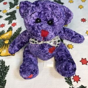 Teddy Bear Plush 6" Sitting Marbled Purple Red Hearts With Sequin Bow